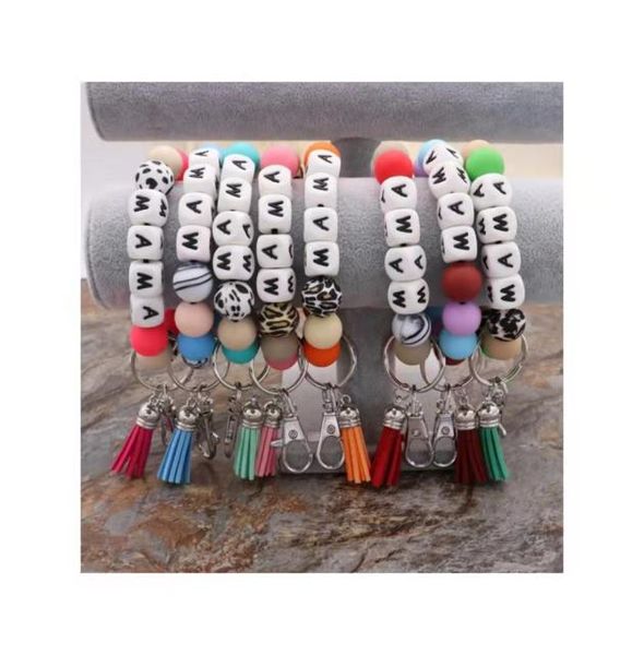 

foreign trade food grade silicone letter beads bracelet keychain korean velvet tassel pendant key ring female multicolor optional2111872, Silver