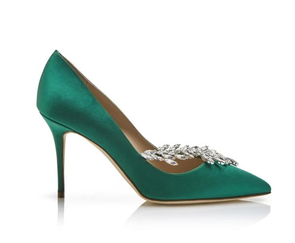 

classic style women sandal high heels luxury brand design manolo-b pump green satin jewel buckle pumps lady thin heel pointed toe crystal le, Black