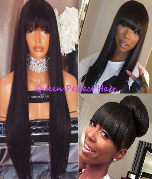 

whole natural black long silky straight wigs with baby hair full bangs heat resistant glueless synthetic none lace wigs for bl4213871