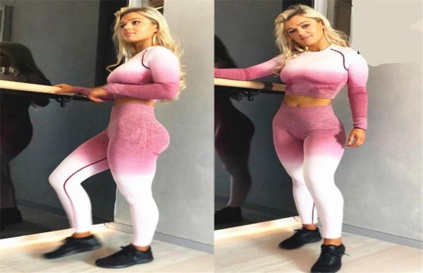 

women yoga set gym clothing ombre seamless leggingscropped shirts workout sport suit long sleeve fitness active wear outfit8368342