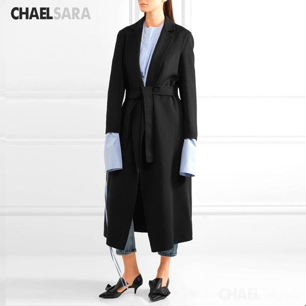 

fur 2020 new arrival women solid color wool blend coat long sleeve turndown collarwarm autumn winter wool women jackets with belt, Black