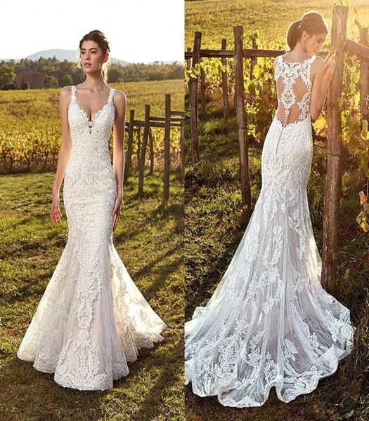 

2022 vintage ivory straps deep v neck lace mermaid wedding dresses full lace tulle summer beach wedding bridal gowns illusion back4156015, White