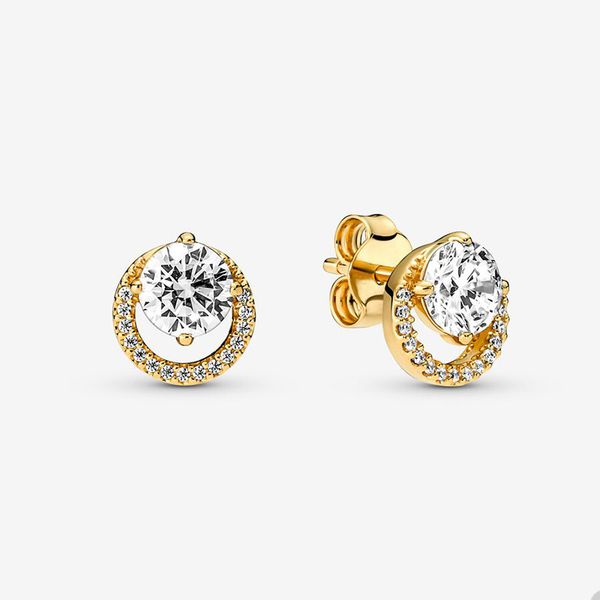

golden round halo stud earrings for pandora crystal diamond wedding party earring set designer jewelry for women girls sparkling gold earrin, Golden;silver