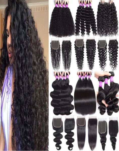 

brazilian virgin hair bundles with closure deep wave human hair weaves with lace closure unprocessed malaysian peruvian hair exten8400301, Black