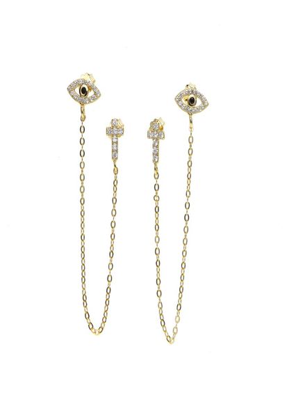 

unique design factory whole cz cross evil eye charm dainty dangle chain double hole 925 silver stud earring7750730