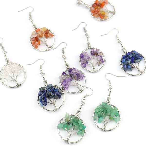 

bohemia tree of life handmade woven metal wire wrapped dangle earrings for women girls colorful natural crushed stone earrings, Silver