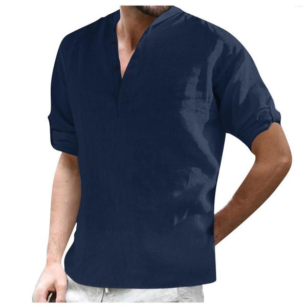 

men's casual shirts cotton linen blouses v-neck clothing simple basic shirt solid color camisa formal sprnig summer, White;black