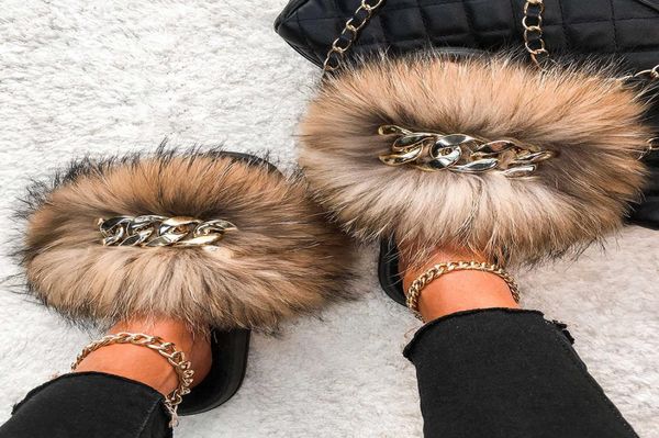 

fluffy flip flops real fox raccoon fur slippers luxury golden chain furry fur slides plush beach slippers women summer sandals x096057387, Black
