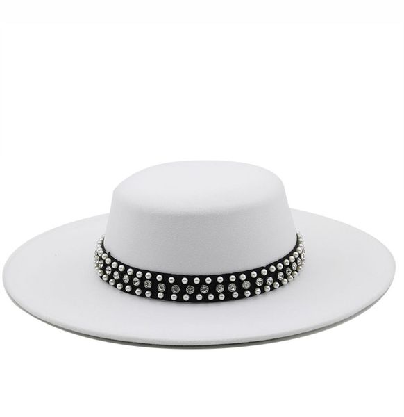 

large wide brim faux wool pork pie boater flat fedora hat with rivet pearls black white party panama trilby cowboy cap4548204, Blue;gray