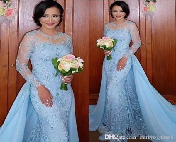

african baby blue prom dresses mermaid with detachable train sheer neck appliques long sleeves sweep train arabic dubai evening pa8567186, Black;red