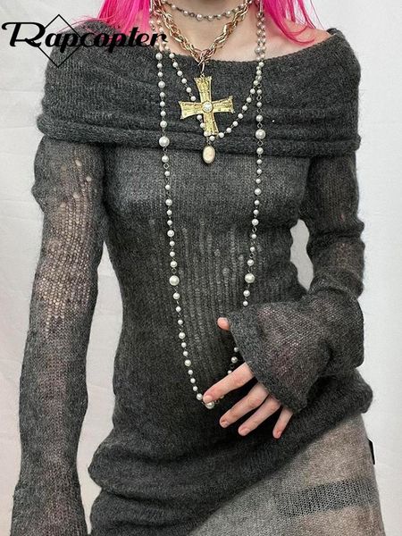 

dresses rapcopter y2k vintage mini dress knitted grunge fairycore full sleeve slash neck full sleeve dress women punk korean holiday 90s, Black;gray