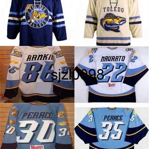 

sj98 toledo walleye 22 naurato 30 pearce 35 pearce 86 evan rankin 100% embroidery custom any name or number mens womens youth hockey jersey, Black