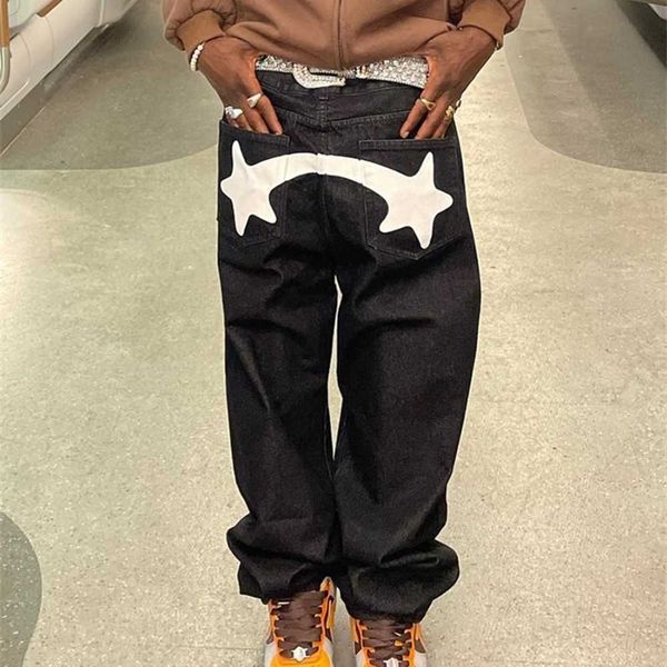 

mens baggy jeans men y2k fashion designer black star printed trousers bottoms streetwear casual low waist loose straight denim pants 220831, Blue