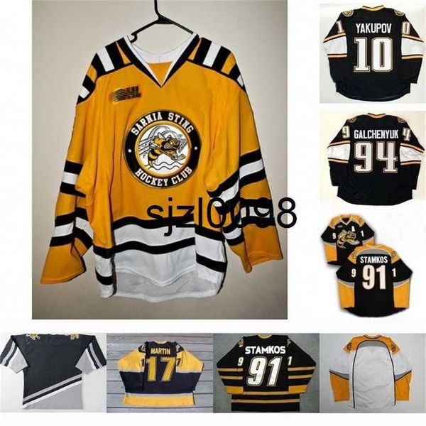

sj98 sarnia sting 10 nail yakupov 91 steven stamkos 94 alex galchenyuk 17 martin mens womens youth cusotm any name any number hockey jersey, Black