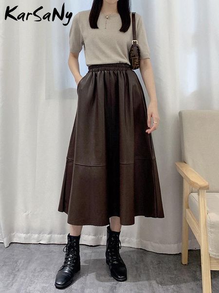 

dresses winter leather skirt women 2022 elastic waist green pu midi skirts with ing elegant long black skirts women warm brown, Black;gray