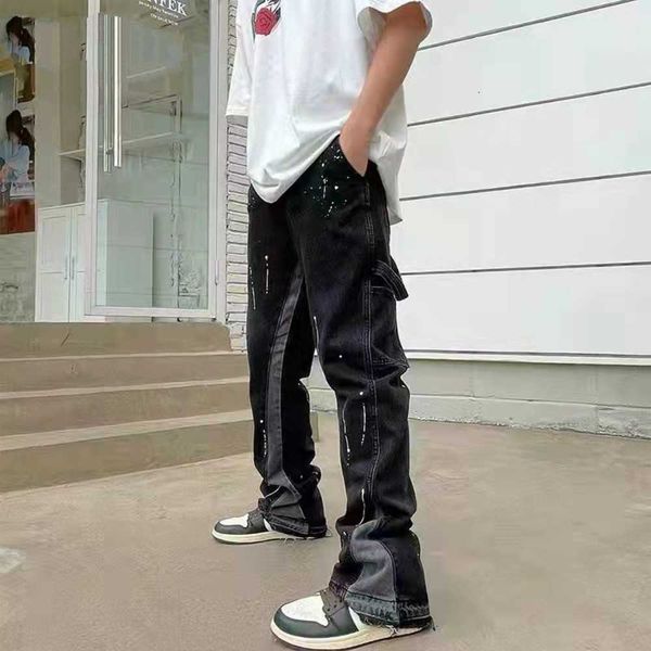 

mens jeans vintage streetwear flared pants hip hop splashing ink wide leg jean overalls for men fashionable retro patchwork 230322, Blue