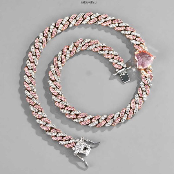 

pink heart hip hop cuban link chain rhinestone mixed crystal, Silver