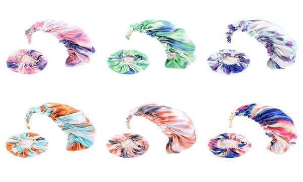 

mommy and me satin bonnet adjustable double layer sleep cap parents and kids tie dyed turban hair cover night hat3152143, Blue;gray