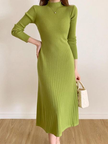 

dresses autumn winter long sleeve party dress women button knitted midcalf half high collar elegant knitted sweater dresses ladies, Black;gray