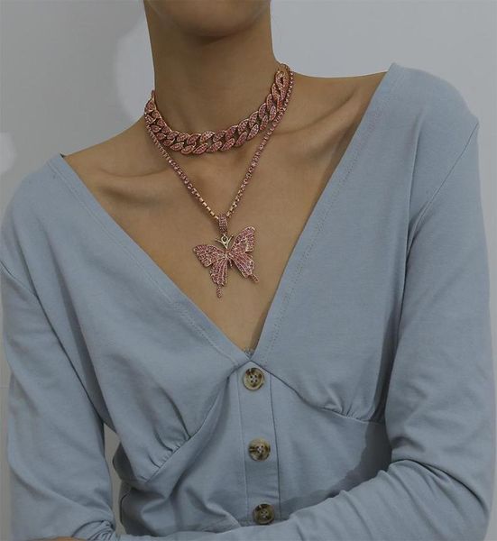 

iced out chain animal butterfly pendant necklace with chain rosegold gold silver cubic zircon women hiphop rock jewelry1106160