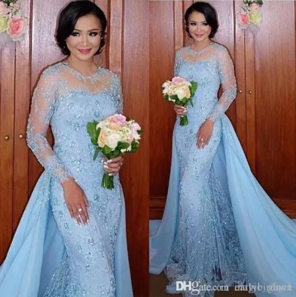 

african baby blue prom dresses mermaid with detachable train sheer neck appliques long sleeves sweep train arabic dubai evening pa1839666, Black;red