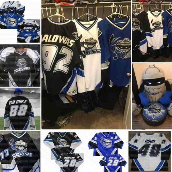 

c2604 danbury trashers 2004-05 jersey brent gretzky bayrack galante brad wingfield jon mirasty scott stirling bren dan mccartin regan fly mi, Black