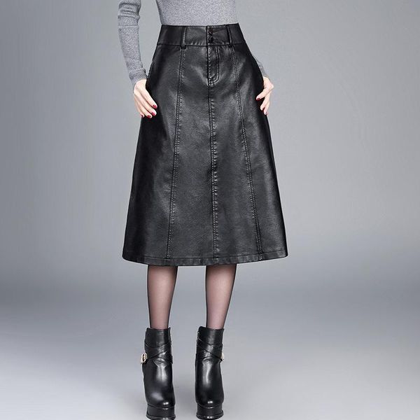

dresses women winter midi skirt 2023 spring womens high waist pu leather skirt faldas vintage saias plus size m4xl fashion, Black;gray