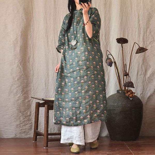 

dresses johnature vintage ramie women dresses loose linen chinese style oneck 2023 summer new half sleeve elegant 4 colors dresses, Black;gray