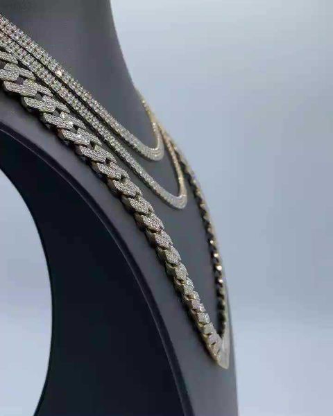 

luxury jewelry 925 silver iced out 15mm 2rows moissanite white gold plated link cuban chain necklace/