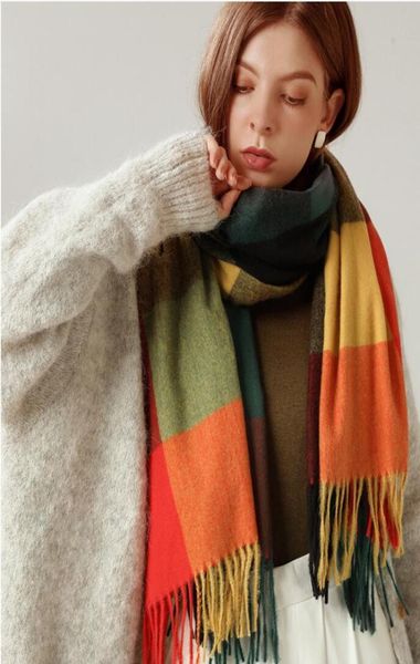 

5pcs autumn winter woman wool spinning scarf ladies doublefaced multicolored gingham checks kerchief man scarf female shawl thick1492907, Blue;gray