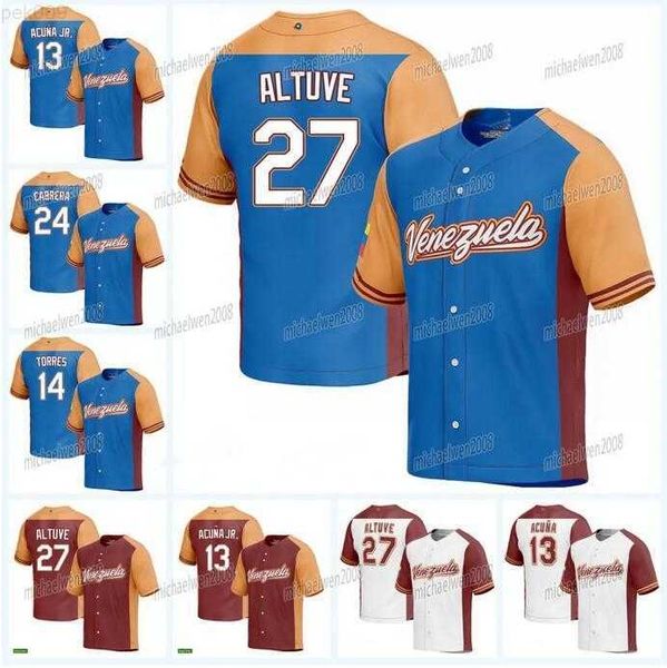 

2023 baseball venezuela jersey 14 gleyber torres 11 miguel rojas 13 ronald acuna jr. 2 luis arraez 27 jose altuve 24 miguel cabrera, Blue;black