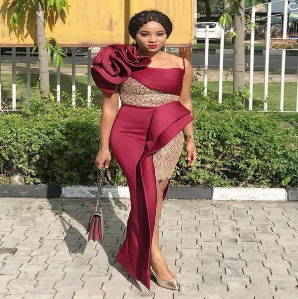 

african mermaid evening dresses one shoulder burgundy handmade flowers lace plus size prom dress high low women evening gowns8695755, Black;red