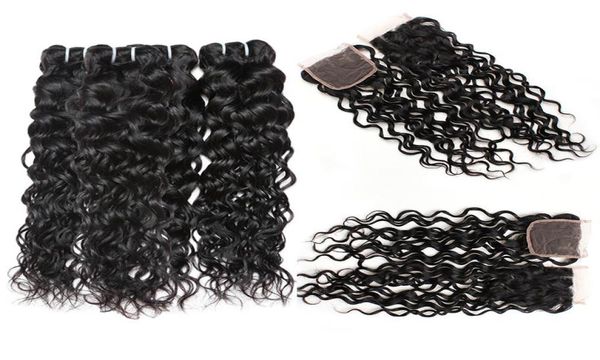 

brazilian human hair 4 bundles with closure 8a brazilian water wave with 4x4 lace closure wet and wavy human hair weave1245487, Black