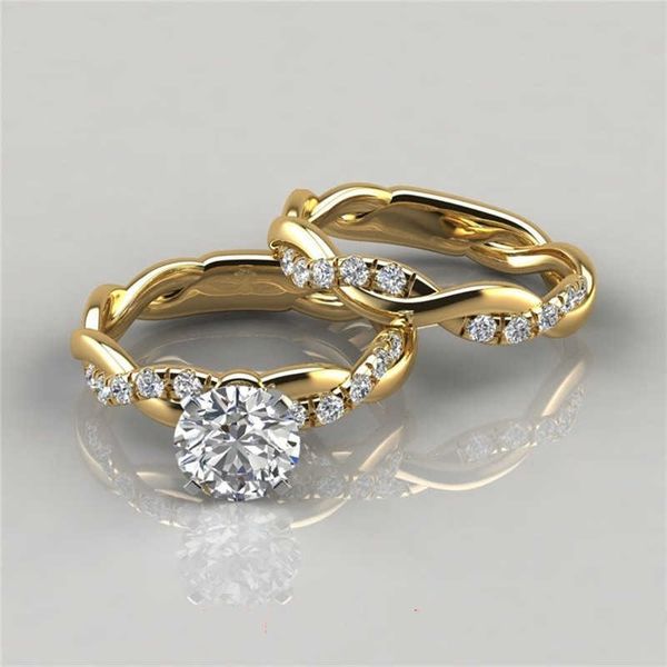 

solitaire ring women's dainty twist round cut white zircon ring set bridal engagement ring wedding band anniversary z0603, Golden;silver