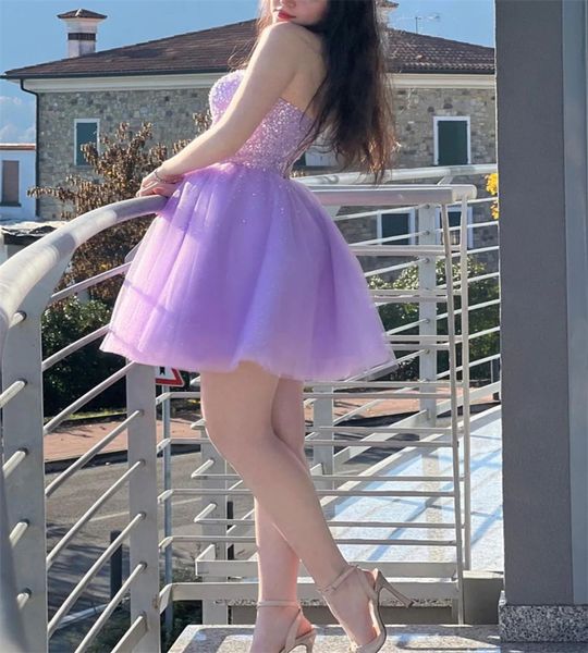

lilac short prom dress with sequins 2023 sweetheart a line mini cocktail party dress corset lace up fashion graduation gown robe de soiree v, Black