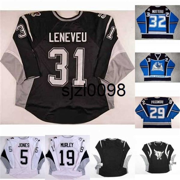 

sj98 mens womens youth sanantonio rampage 19 matt murley 32 stephane matteau 29 steve passmore 5 matt jones 31 david leneveu hockey jersey, Black