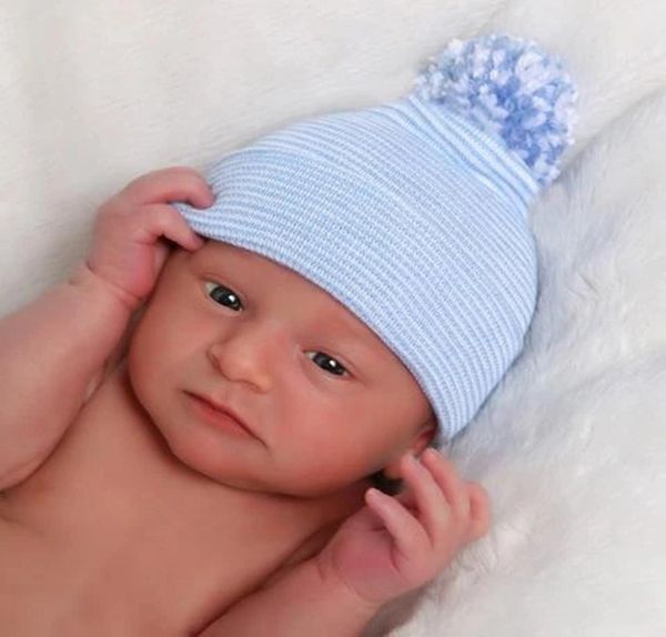

newborn pom beanie hospital hat infant baby cap with bow soft cute nursery beanie hats boys girls kids cotton caps 10 color1742577, Blue;gray