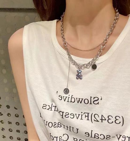 

double layer bear necklace women039s fashion crowd design smile face clavicle neck chain hip hop jewelry circle animal silver p3142762