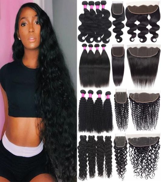 

9a brazilian virgin hair bundles with closure 13x4 ear to ear lace frontal closure with kinky curly human hair weaves with lace fr7507348, Black