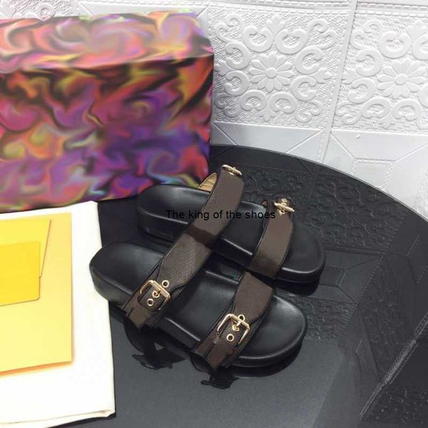 

women bom dia flat mule leather sandals designer slippers flip flops with gold-tone buckles lady girls letter print cowboy casual shoes with