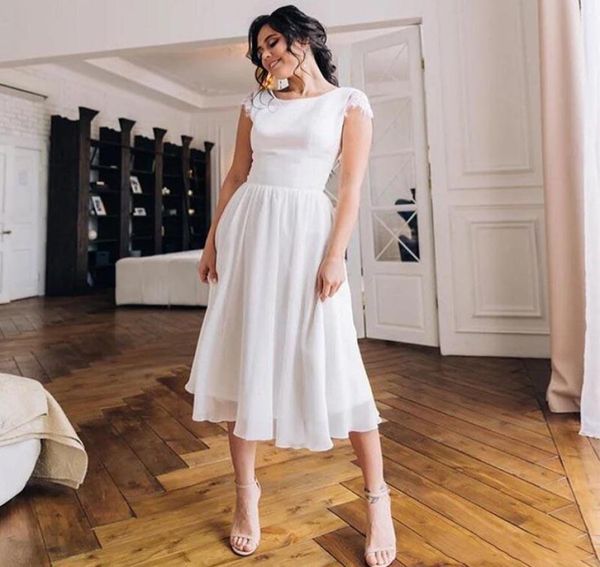 

vintage 50s wedding dress tea length backless jewel neck lace chiffon a line short bridal gowns vestido de noiva custom size6097703, White