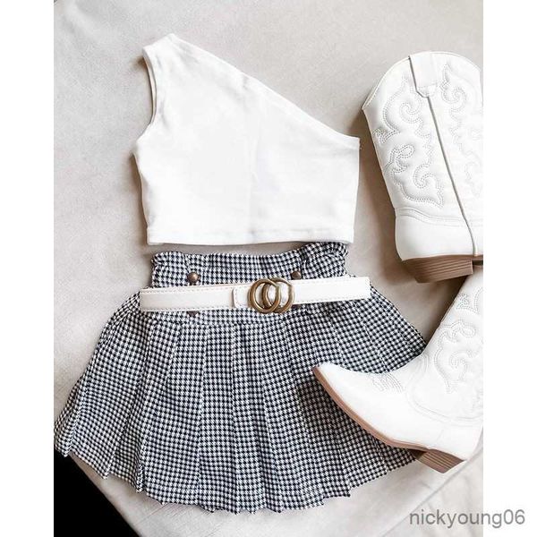 

clothing sets girls new summer sleeveless tank and belt plaid pleated skirts 3pcs for kids baby clothes outfits, White
