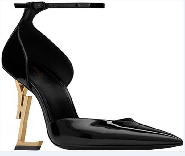 

with box brand shoes woman summer buckle strap rivet sandals highheeled leather shoes pointed toe fashion luxury single high heel8336425, Black