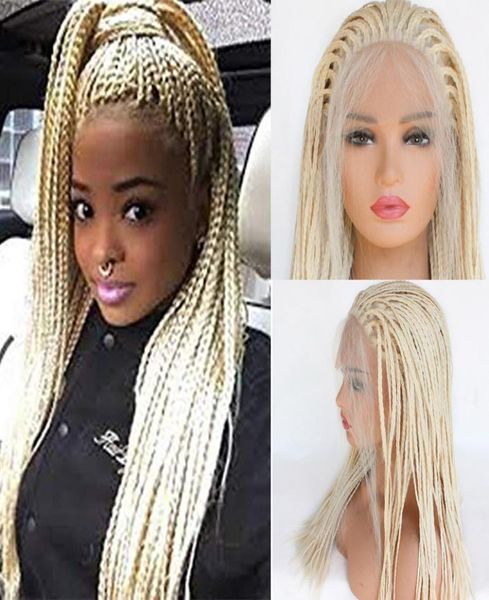 

braided lace front wigs with baby hair 613 blonde hair for women synthetic heat resistant long braids wig glueless half hand tied3251116, Black