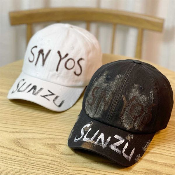 

new water wash old duck tongue hat men's graffiti painting letters broken hole street hip hop baseball cap sun shading, Blue;gray