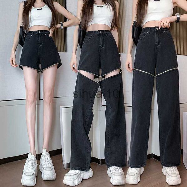 

women's pants capris personality jeans women two-wear zipper detachable design high waist straight loose drape female mopping denim tro, Black;white