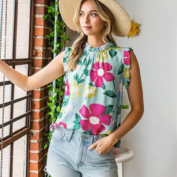 

wholesale blulk floral print ruffle elegant sleeveless summer tank women, White