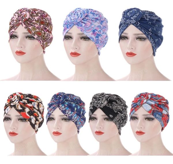 

ethnic flower printed turban cap muslim women knot chemo hat headscarf beanie bonnet islamic headwear wrap hair loss cover9221262, Blue;gray