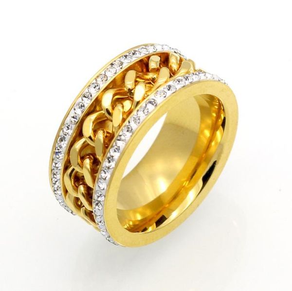 

qualtiy stainless steel two row rhinestone chain rings for men women fine jewelry luxury bling gold silver finger ring7310154, Golden;silver