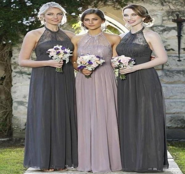 

custom made dark gray chiffon long bridesmaid dresses beach garden romantic lace wedding guest dresses halter maid of honor gowns6123742, White;pink